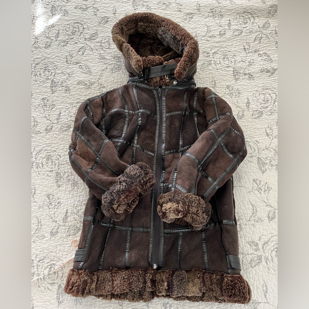 Leather and fur hooded kids coat dark brown 5T